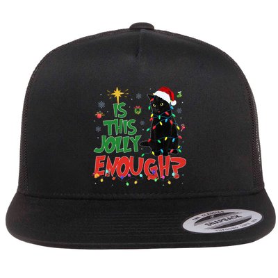Is This Jolly Enough Black Cat Merry Christmas Tree Lights Flat Bill Trucker Hat