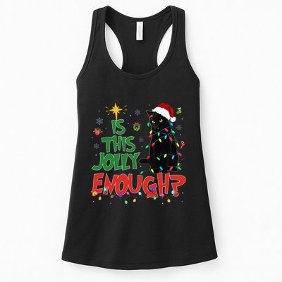 Is This Jolly Enough Black Cat Merry Christmas Tree Lights Womens Tank Top