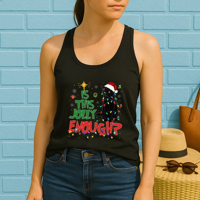 Is This Jolly Enough Black Cat Merry Christmas Tree Lights Womens Tank Top