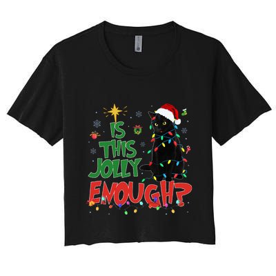 Is This Jolly Enough Black Cat Merry Christmas Tree Lights Crop Top