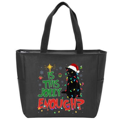 Is This Jolly Enough Black Cat Merry Christmas Tree Lights Zip Tote Bag