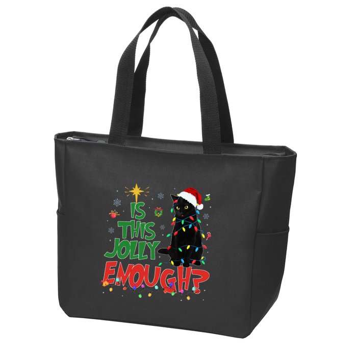 Is This Jolly Enough Black Cat Merry Christmas Tree Lights Zip Tote Bag