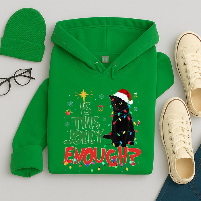 Is This Jolly Enough Black Cat Merry Christmas Tree Lights Hoodie