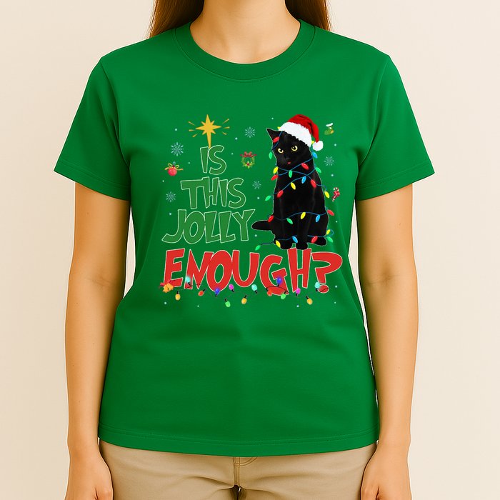 Is This Jolly Enough Black Cat Merry Christmas Tree Lights T-Shirt
