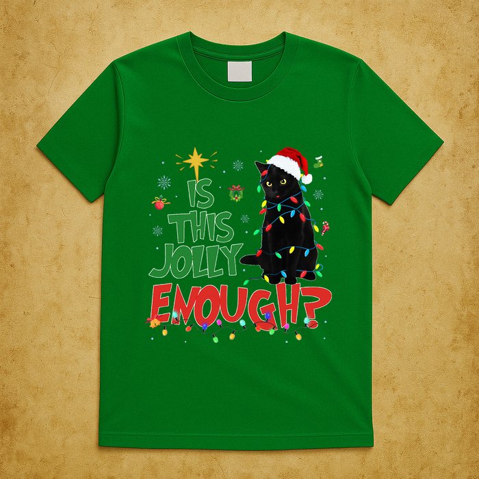 Is This Jolly Enough Black Cat Merry Christmas Tree Lights T-Shirt