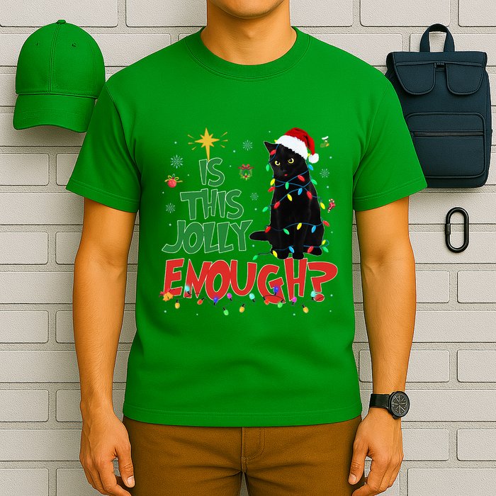 Is This Jolly Enough Black Cat Merry Christmas Tree Lights T-Shirt