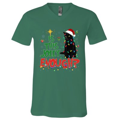 Is This Jolly Enough Black Cat Merry Christmas Tree Lights V-Neck T-Shirt