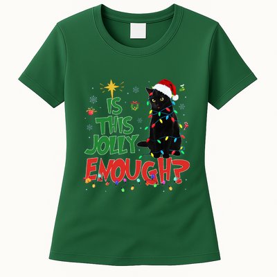 Is This Jolly Enough Black Cat Merry Christmas Tree Lights Womens T-Shirt