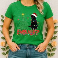 Is This Jolly Enough Black Cat Merry Christmas Tree Lights Womens T-Shirt