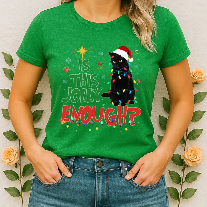 Is This Jolly Enough Black Cat Merry Christmas Tree Lights Womens T-Shirt