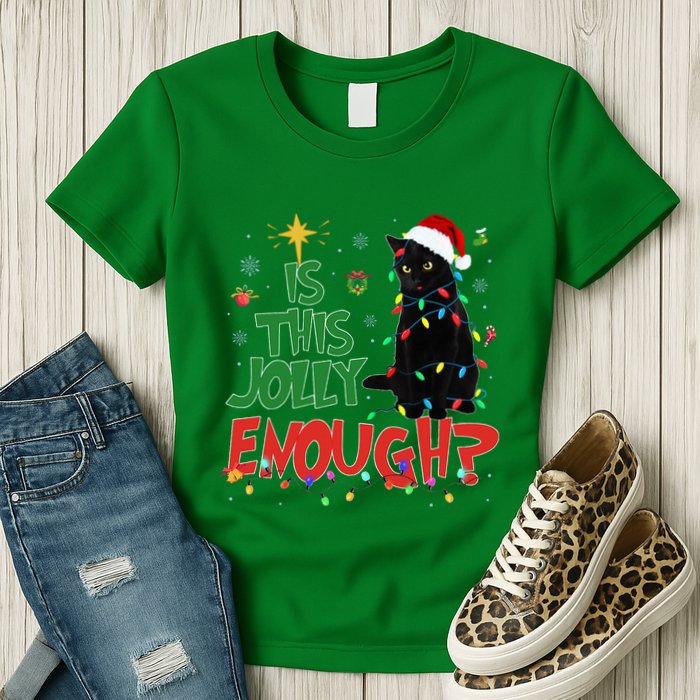 Is This Jolly Enough Black Cat Merry Christmas Tree Lights Womens T-Shirt