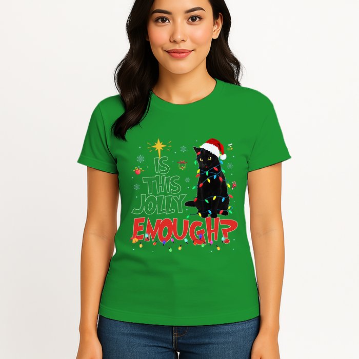 Is This Jolly Enough Black Cat Merry Christmas Tree Lights Womens T-Shirt
