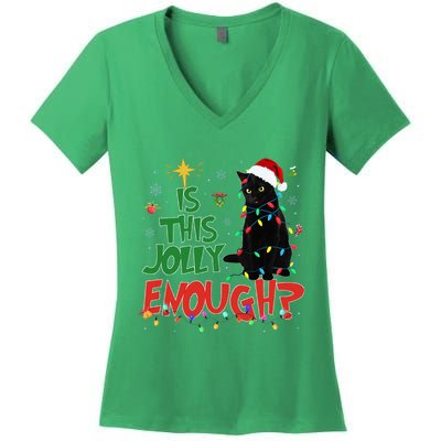 Is This Jolly Enough Black Cat Merry Christmas Tree Lights Women's V-Neck T-Shirt