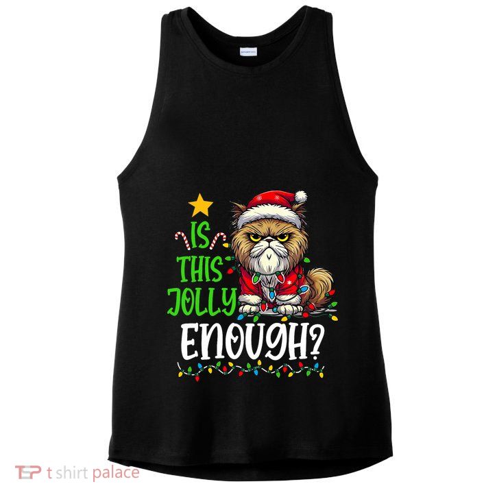 Is This Jolly Enough Christmas Cat Funny Santa Hat Women Ladies PosiCharge Tri-Blend Wicking Tank