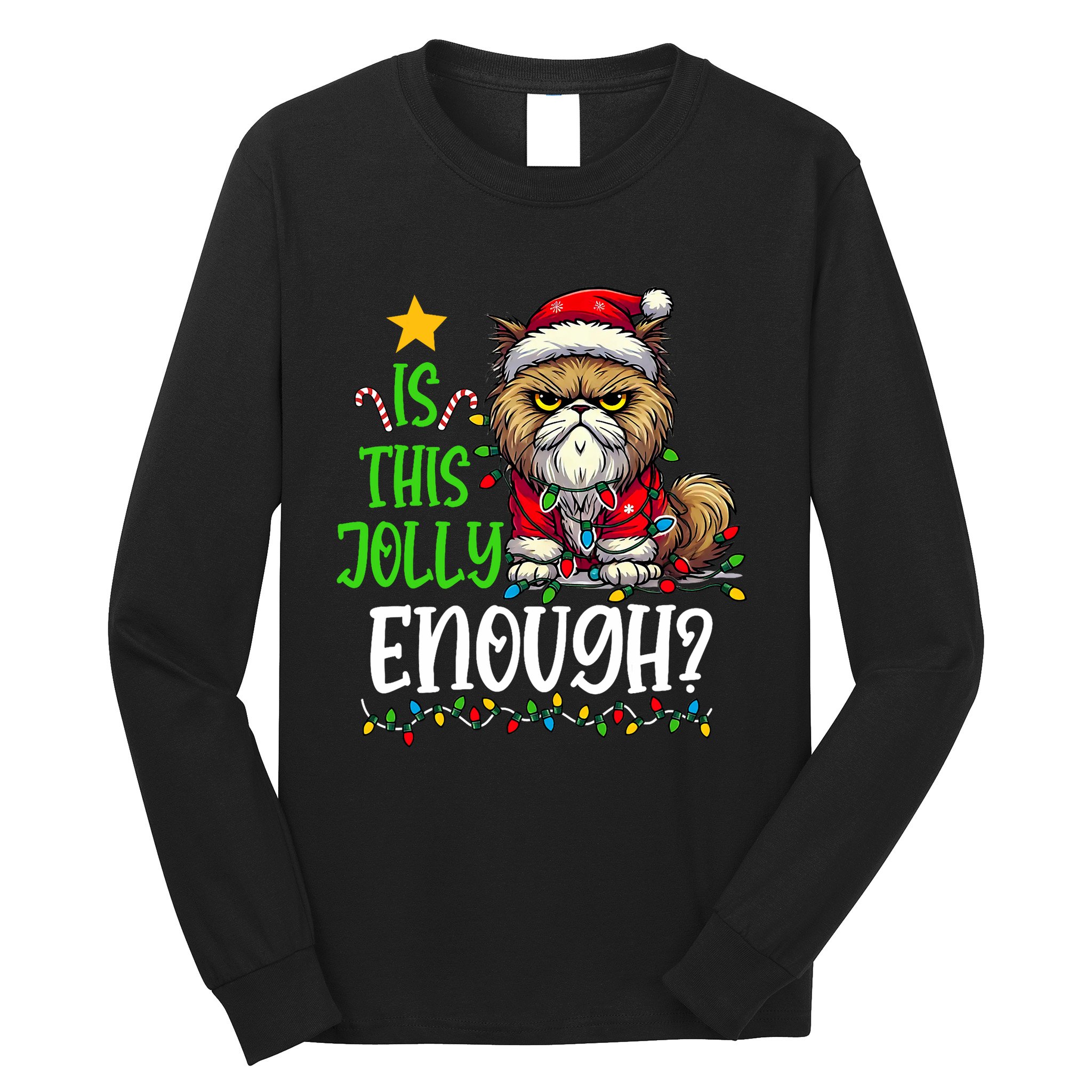 Is This Jolly Enough Christmas Cat Funny Santa Hat Women Long Sleeve Shirt