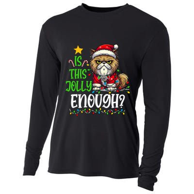 Is This Jolly Enough Christmas Cat Funny Santa Hat Women Cooling Performance Long Sleeve Crew