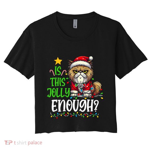 Is This Jolly Enough Christmas Cat Funny Santa Hat Women Crop Top