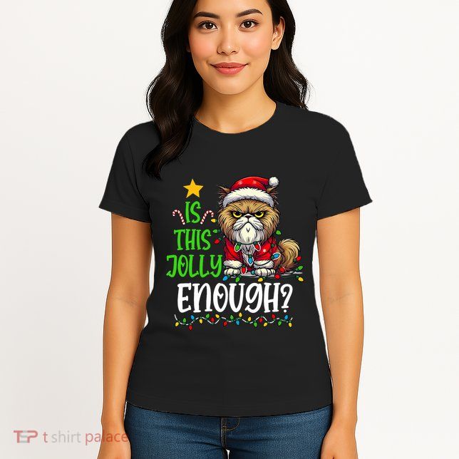 Is This Jolly Enough Christmas Cat Funny Santa Hat Women Womens T-Shirt