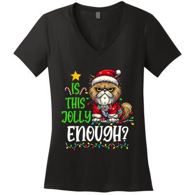 Is This Jolly Enough Christmas Cat Funny Santa Hat Women Women's V-Neck T-Shirt