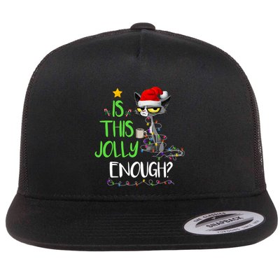Is This Jolly Enough Black Cat Merry Christmas Tree Lights Long Sleeve Flat Bill Trucker Hat