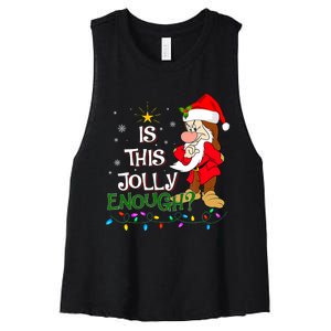 Is This Jolly Enough Grumpy Elf Pajama Christmas Lights Women's Racerback Cropped Tank