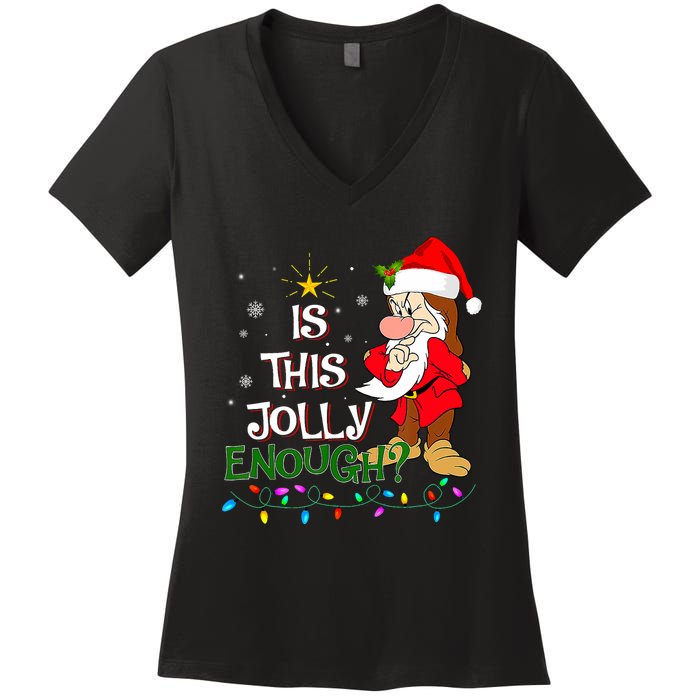 Is This Jolly Enough Grumpy Elf Pajama Christmas Lights Women's V-Neck T-Shirt