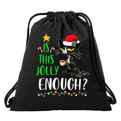 Is This Jolly Enough Black Cat Merry Christmas Tree Lights Drawstring Bag