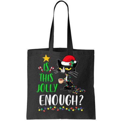 Is This Jolly Enough Black Cat Merry Christmas Tree Lights Tote Bag