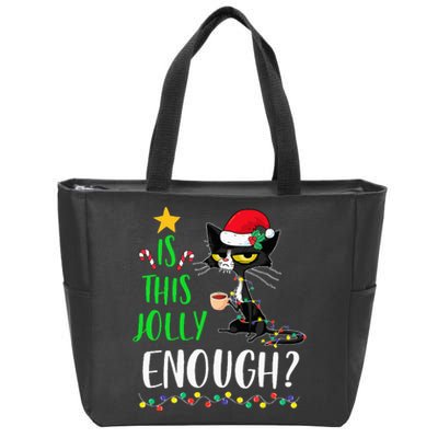 Is This Jolly Enough Black Cat Merry Christmas Tree Lights Zip Tote Bag