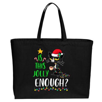 Is This Jolly Enough Black Cat Merry Christmas Tree Lights Cotton Canvas Jumbo Tote