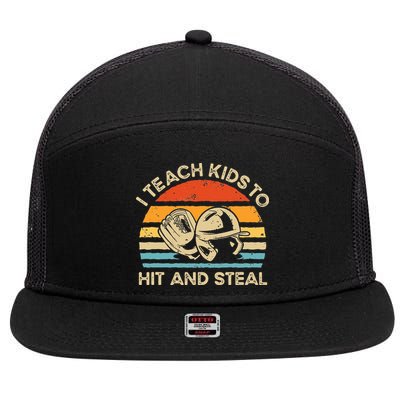 I Teach Kids To Hit And Steal Funny Retro Vintage Baseball 7 Panel Mesh Trucker Snapback Hat