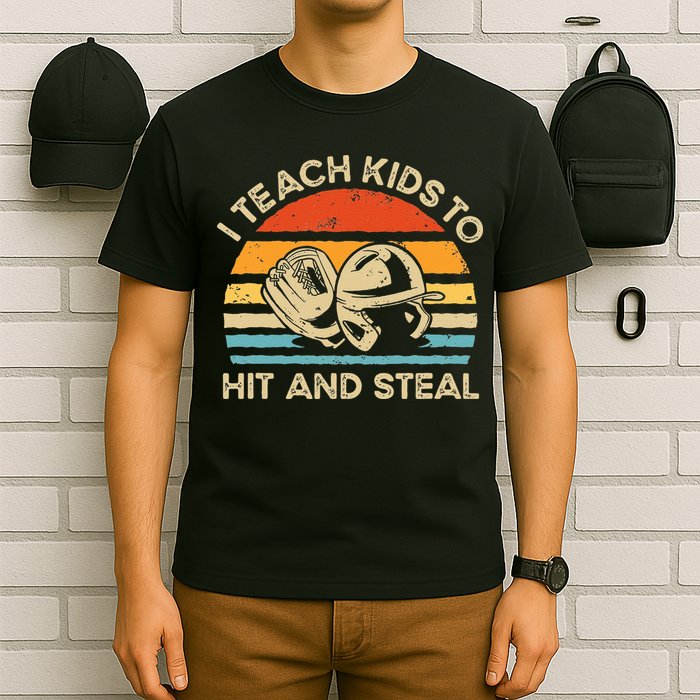 I Teach Kids To Hit And Steal Funny Retro Vintage Baseball T-Shirt