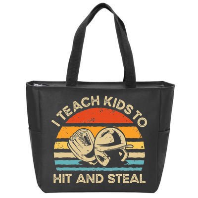 I Teach Kids To Hit And Steal Funny Retro Vintage Baseball Zip Tote Bag