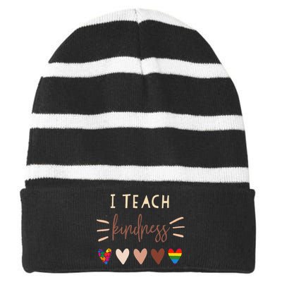 I Teach Kindness Love Autism African LGBT Pride Teacher Striped Beanie with Solid Band