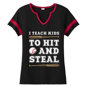 I Teach Kids To Hit And Steal Funny Baseball Coach Ladies Halftime Notch Neck Tee