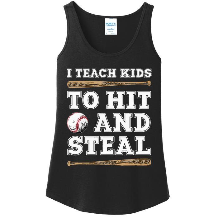 I Teach Kids To Hit And Steal Funny Baseball Coach Ladies Essential Tank