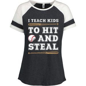 I Teach Kids To Hit And Steal Funny Baseball Coach Enza Ladies Jersey Colorblock Tee