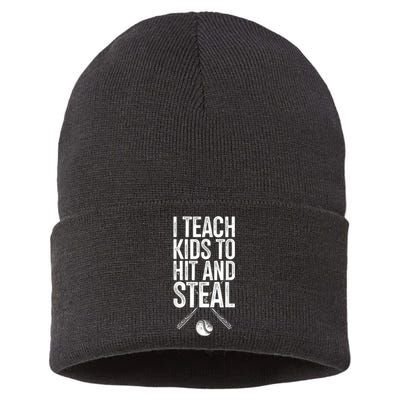 I Teach Ki Ds To Hit And Steal Baseball Coaches Gift Baseball Sustainable Knit Beanie