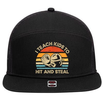 I Teach Kids To Hit And Steal Funny Retro Vintage Baseball 7 Panel Mesh Trucker Snapback Hat