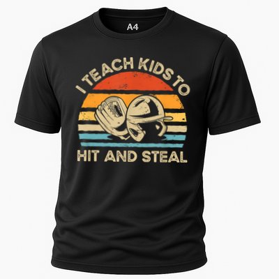 I Teach Kids To Hit And Steal Funny Retro Vintage Baseball Cooling Performance Crew T-Shirt