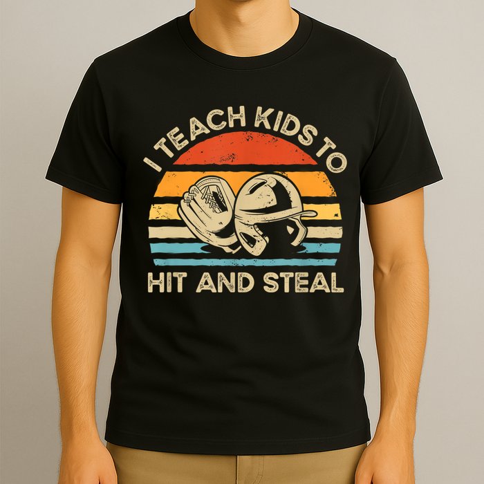 I Teach Kids To Hit And Steal Funny Retro Vintage Baseball T-Shirt