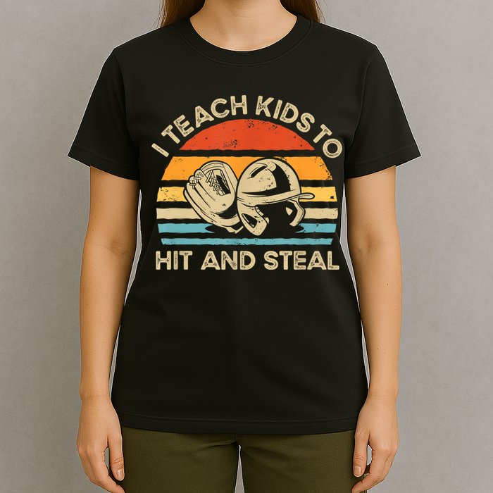 I Teach Kids To Hit And Steal Funny Retro Vintage Baseball T-Shirt