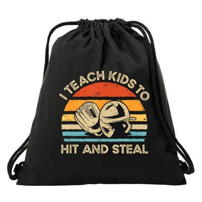 I Teach Kids To Hit And Steal Funny Retro Vintage Baseball Drawstring Bag