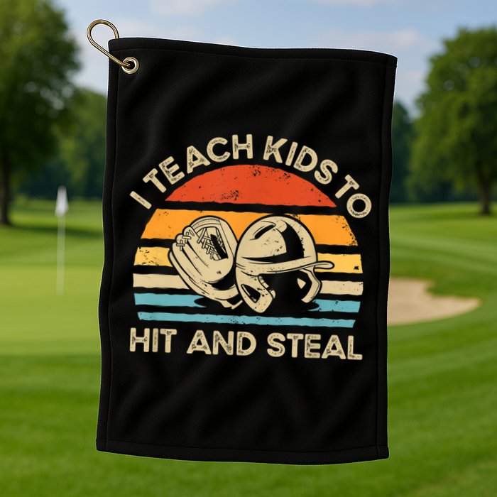 I Teach Kids To Hit And Steal Funny Retro Vintage Baseball Golf Towel