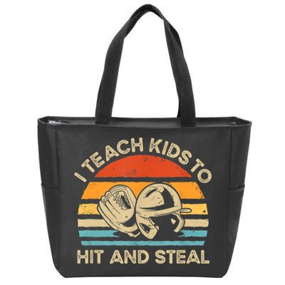 I Teach Kids To Hit And Steal Funny Retro Vintage Baseball Zip Tote Bag