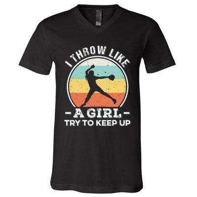 I Throw Like A Girl Funny Softball For Cool Pitchers V-Neck T-Shirt