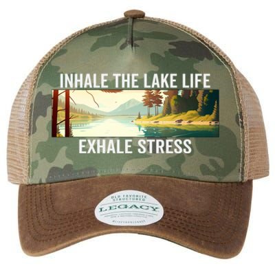 Inhale The Lake Life Exhale Stress Nature Outdoors Lover Gift Legacy Tie Dye Trucker Hat