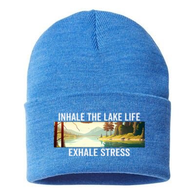 Inhale The Lake Life Exhale Stress Nature Outdoors Lover Gift Sustainable Knit Beanie