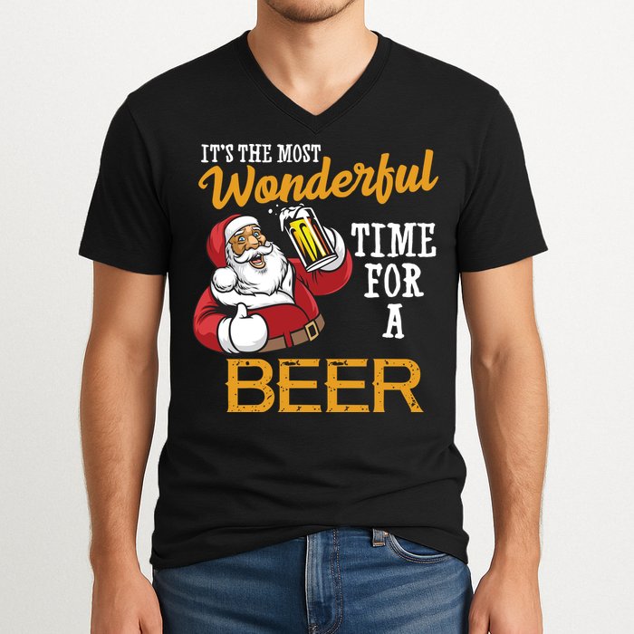 It's The Most Wonderful Time For A Beer Funny Santa Christmas V-Neck T-Shirt