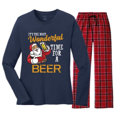 It's The Most Wonderful Time For A Beer Funny Santa Christmas Women's Long Sleeve Flannel Pajama Set 